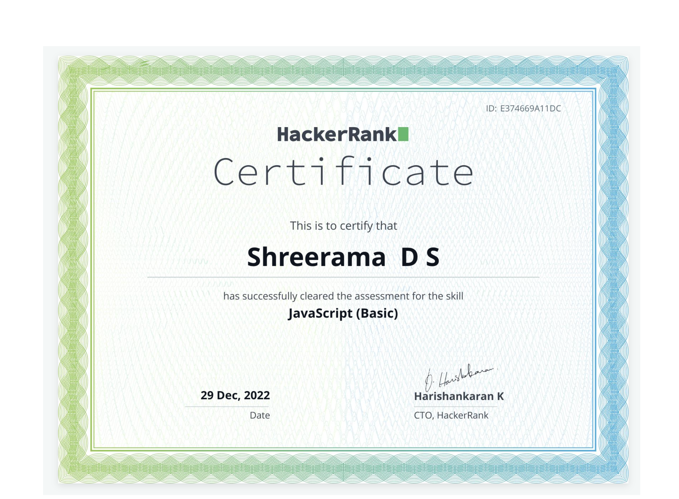 JavaScript (Basic) certificate from HackerRank, issued December 2022